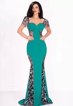 Rochie eleganta Serena de seara verde cu paiete argintii si sclipici imagine