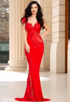 Rochie eleganta sirena Fabrizia rosie de seara cu flori 3D brodate imagine