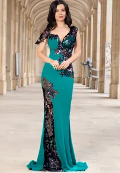 Rochie eleganta tip sirena Kany aqua cu model din paiete si flori pastelate imagine