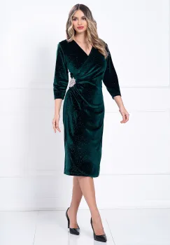 Rochie eleganta verde din catifea Caterina cu glitter si accesoriu argintiu in talie imagine