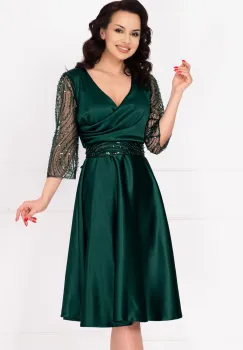 Rochie eleganta verde midi Britney in clos cu maneci din tulle imagine