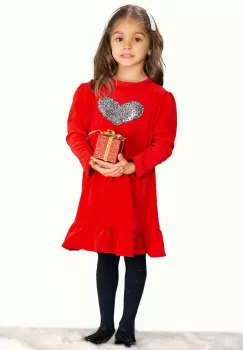 Rochie fetita Alma rosie din catifea cu inima din paiete imagine