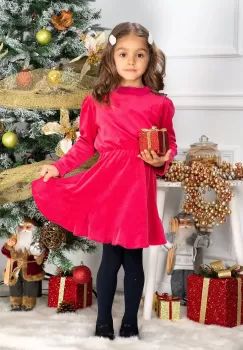 Rochie fetita din catifea fucsia Fiolla in clos cu guler imagine