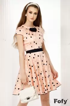 Rochie Fofy de vara peach in clos cu trandafiri decorativi si buline imagine