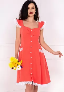 Rochie InPuff corai cu volanase la umeri si broderie aplicata imagine