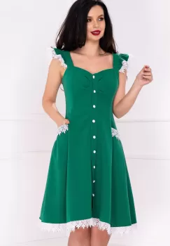 Rochie InPuff verde cu volanase la umeri si broderie aplicata imagine