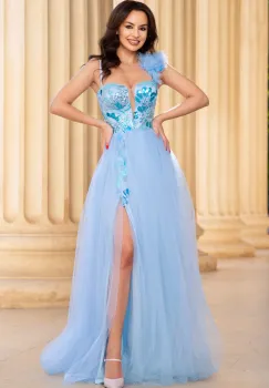 Rochie lunga bleu Palmira cu fusta din tulle si bust brodat imagine