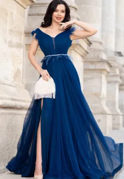 Rochie lunga de seara bleumarin Petronela decorata cu banda din fulgi imagine