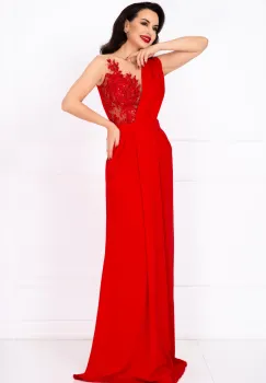 Rochie lunga de seara Gilda rosie cu fronseuri si bust brodat imagine