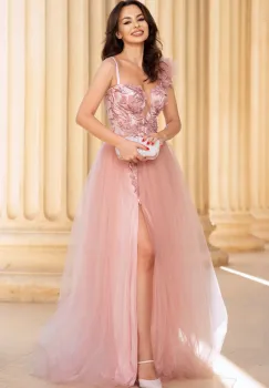 Rochie lunga roz Palmira cu fusta din tulle si bust decorat cu flori imagine