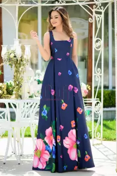 Rochie MBG de seara lunga bleumarin cu imprimeu floral imagine