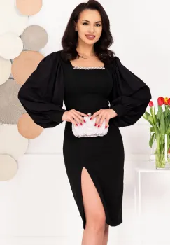 Rochie midi de ocazie neagra cu maneci din voal si accesoriu cu strassuri imagine