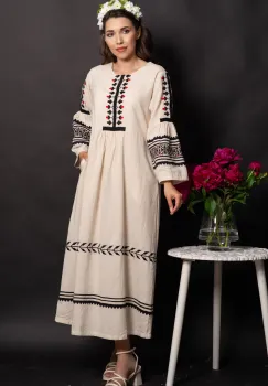 Rochie midi din in Amora cu maneci clopot si broderie imagine