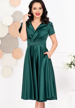 Rochie midi verde in clos Filipina cu maneci scurte tip lalea imagine