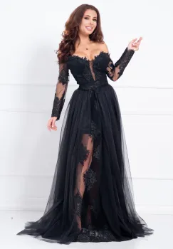 Rochie neagra de seara lunga Aurora din tulle si dantela imagine