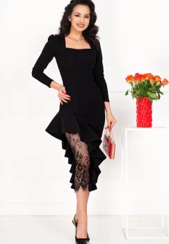 Rochie neagra eleganta Elinor midi cu insertie din dantela si volan imagine