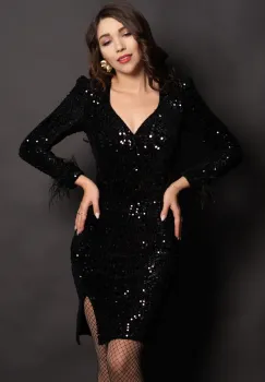 Rochie neagra eleganta scurta Elma cu paiete si fulgi imagine