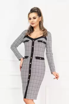 Rochie office conica gri cu carouri si nasturi argintii decorativi imagine