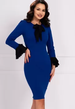 Rochie office Mary albastru royal cu mansete negre si funda imagine