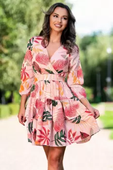 Rochie peach cu volanase si imprimeu frunze By InPuff imagine