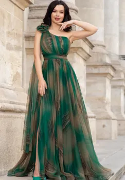 Rochie pretioasa Josephine verde cu imprimeu tip pictura imagine