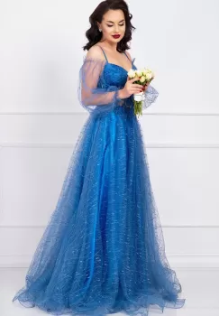 Rochie pretioasa Patrizia baby blue din tulle cu sclipici si margele imagine