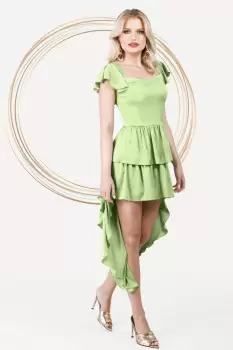 Rochie Pretty Girl asimetrica verde de vara cu volane imagine