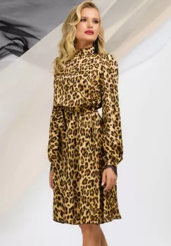 Rochie Pretty Girl midi leopard cu dantela la gat si mansete imagine