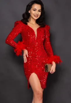 Rochie rosie de ocazie scurta Elma cu paiete si fulgi imagine