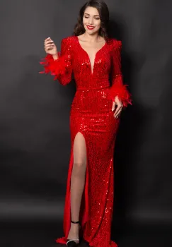 Rochie rosie de seara tip sirena Serafina cu paiete si fulgi imagine