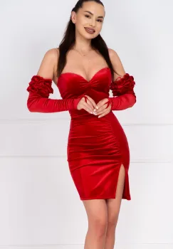 Rochie rosie din catifea Irene cu maneci detasabile imagine