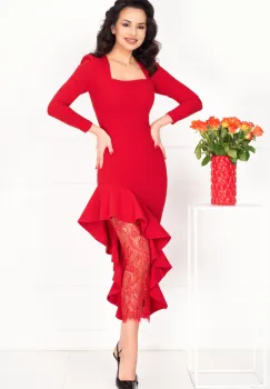 Rochie rosie eleganta Elinor midi cu insertie din dantela si volan imagine