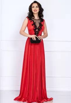 Rochie rosie eleganta Ginette lunga peliculizata cu broderie aplicata imagine