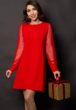 Rochie rosie lejera cu maneci din tulle cu buline imagine