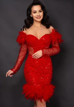 Rochie rosie Valentina scurta cu paiete si fulgi imagine