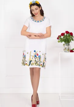 Rochie traditionala alba din in brodata cu flori multicolore imagine