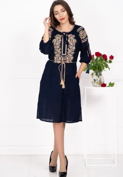 Rochie traditionala bleumarin Elisa cu broderie florala bej imagine