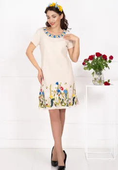 Rochie traditionala din in brodata cu flori multicolore imagine