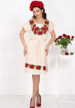 Rochie traditionala din in cu bujori brodati imagine