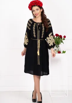 Rochie traditionala din vascoza neagra Ecaterina cu broderie bej imagine