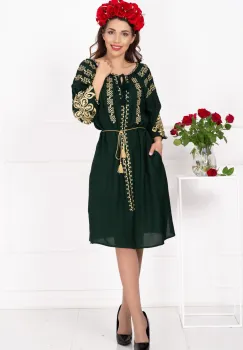 Rochie traditionala din vascoza verde Ecaterina cu broderie bej imagine