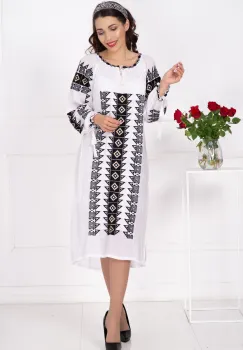 Rochie traditionala midi alba Adriana cu broderie neagra imagine