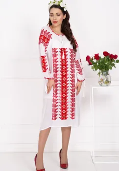 Rochie traditionala midi alba Adriana cu broderie rosie imagine