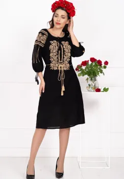 Rochie traditionala neagra Elisa cu broderie florala bej imagine