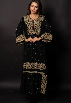 Rochie traditionala neagra Gina lunga cu broderie bej imagine