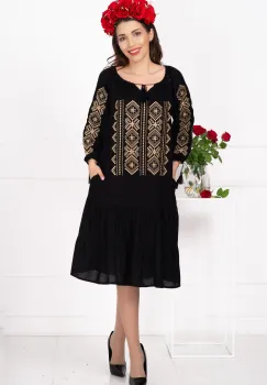 Rochie traditionala neagra Ilaria cu broderie traditionala bej imagine