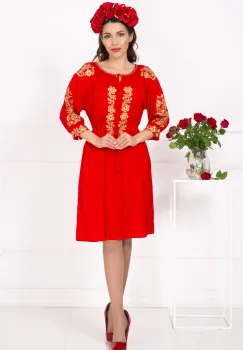 Rochie traditionala rosie Fenicia cu broderie florala aurie imagine