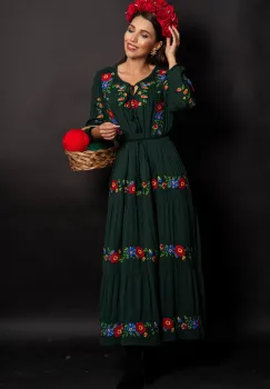 Rochie traditionala Sanziana Verde cu broderie florala imagine