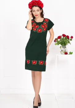 Rochie traditionala verde din in cu bujori brodati imagine