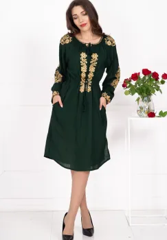 Rochie traditionala verde Fenicia cu broderie florala aurie imagine
